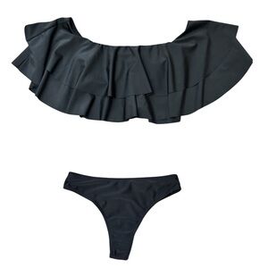 Ruffled Off-Shoulder Bikini Set in Black